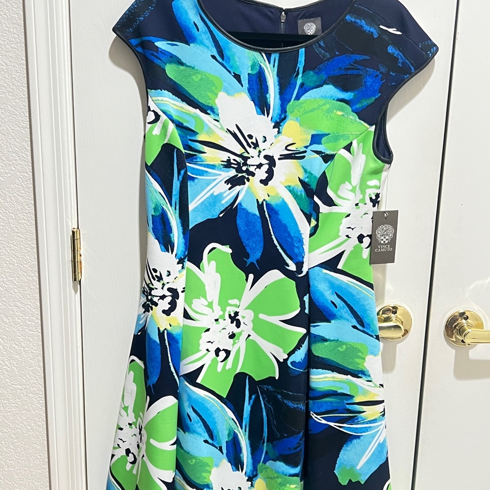 NWT  Vince Camuto Blue Fit and Flare Dress with Crew Neck